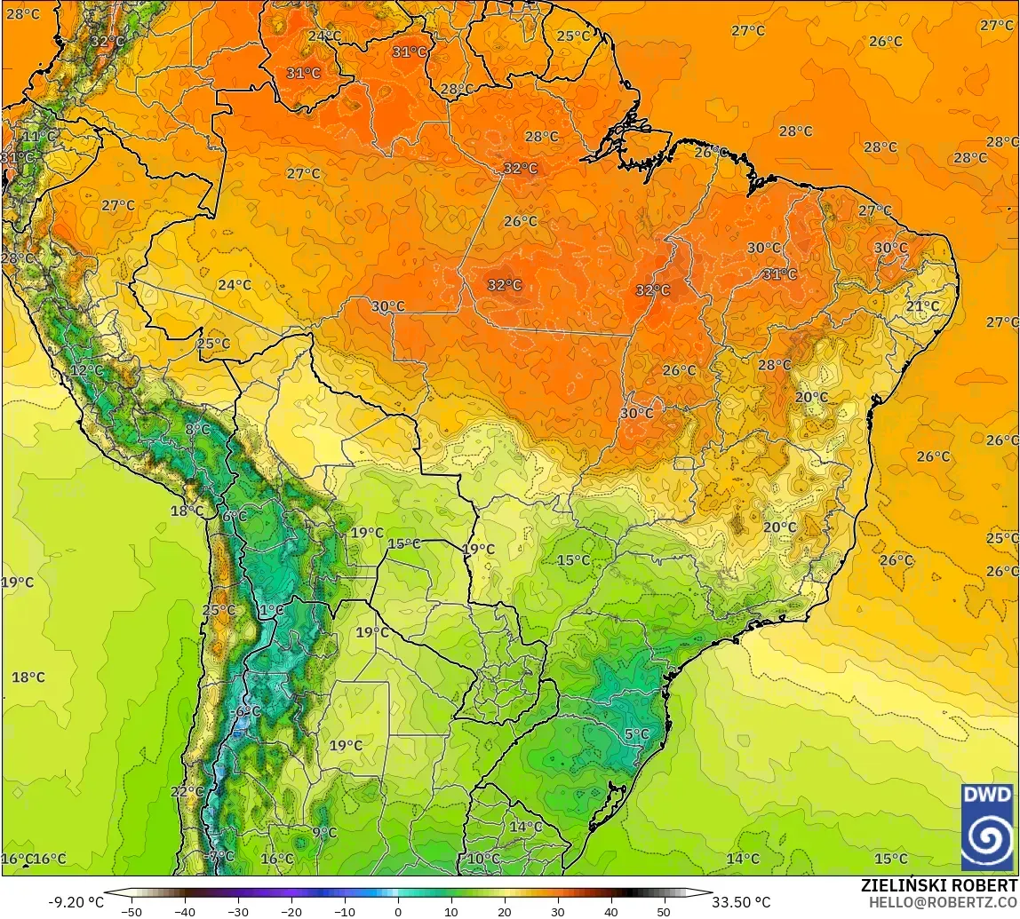 ICON model - Brazil, Temperature at 2m
