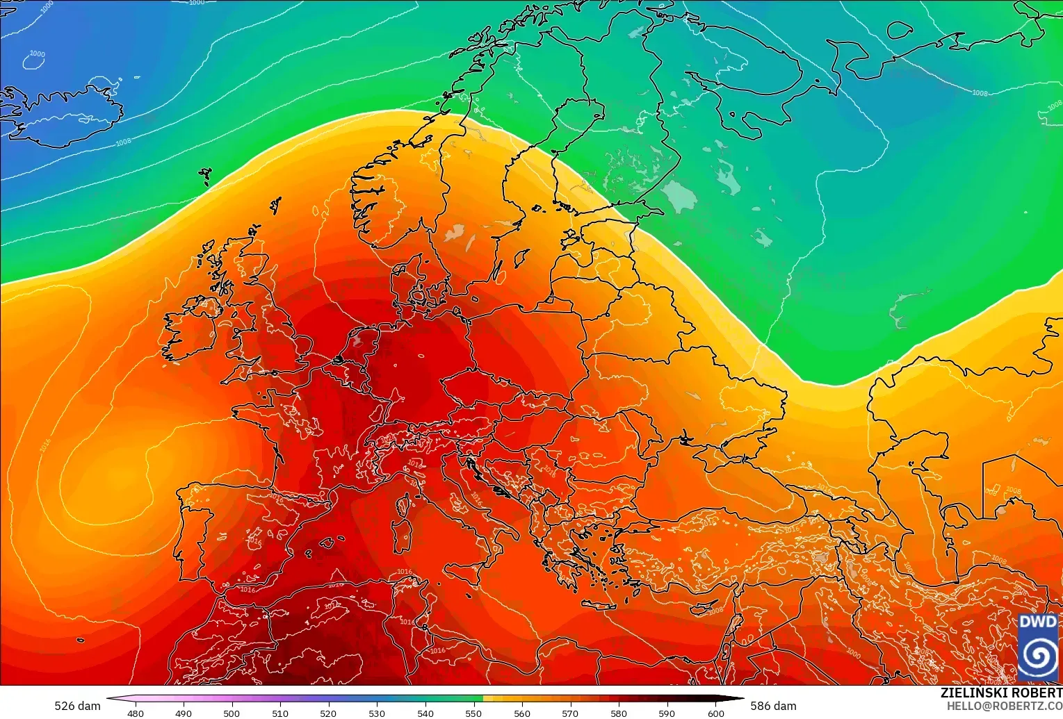 ICON model - Europe, Geopotential height at 500hPa