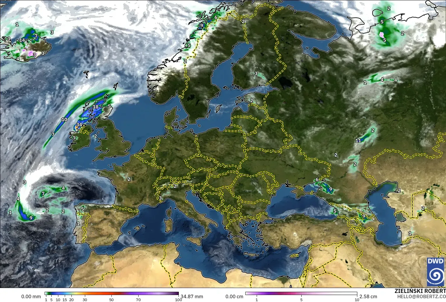 ICON model - Europe, Precipitation, Clouds, and Pressure