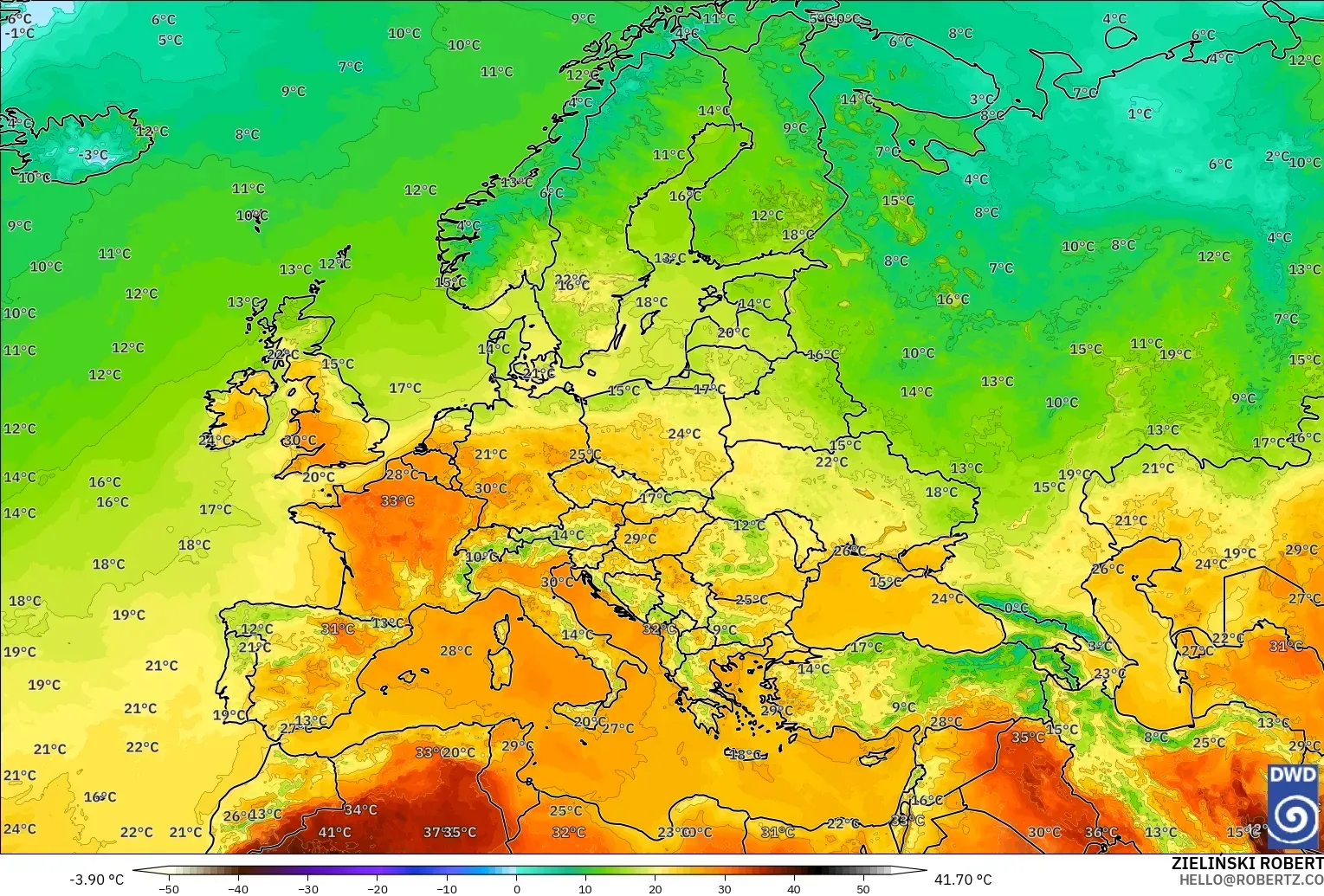 ICON model - Europe, Temperature at 2m