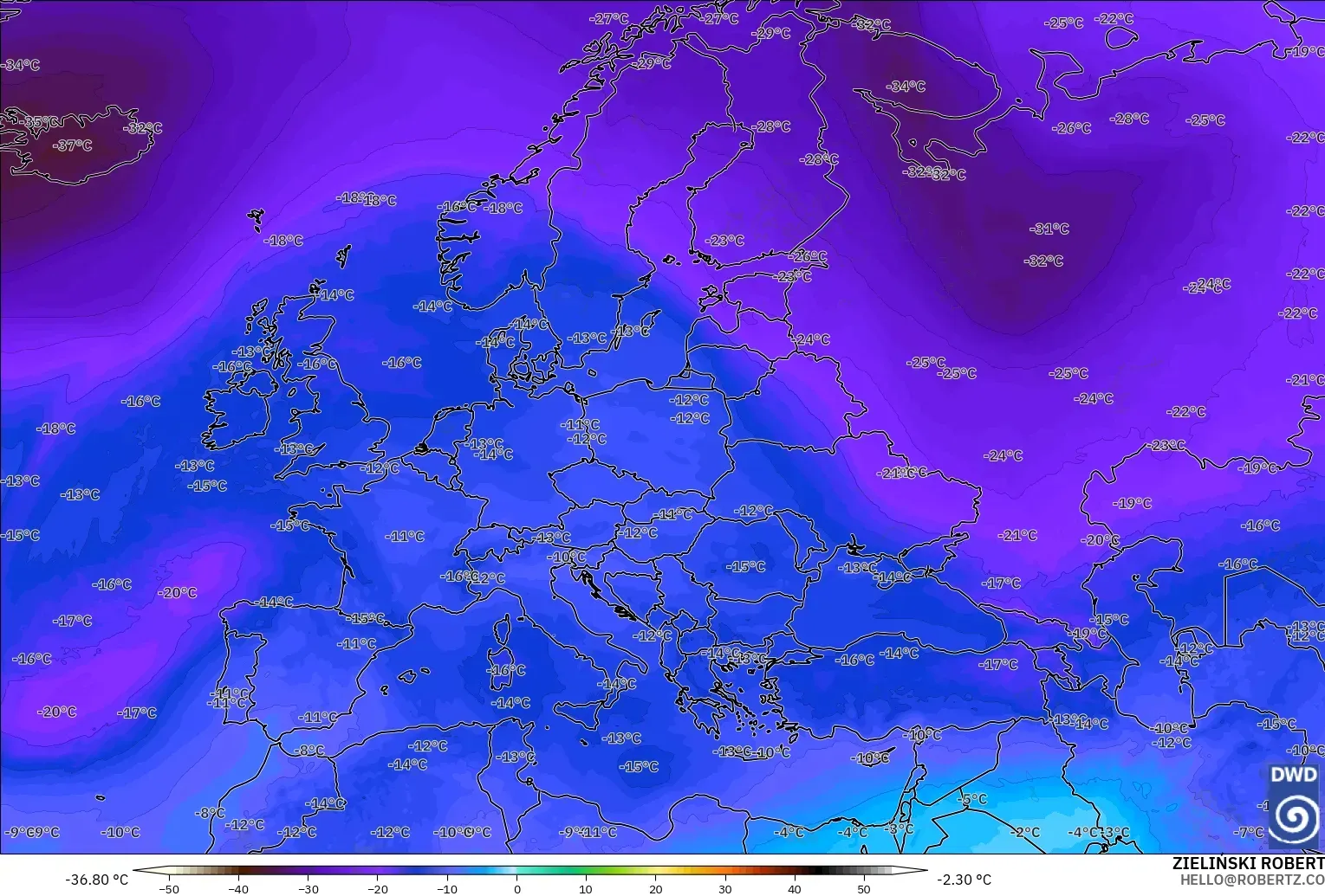 ICON model - Europe, Temperature at 500hPa