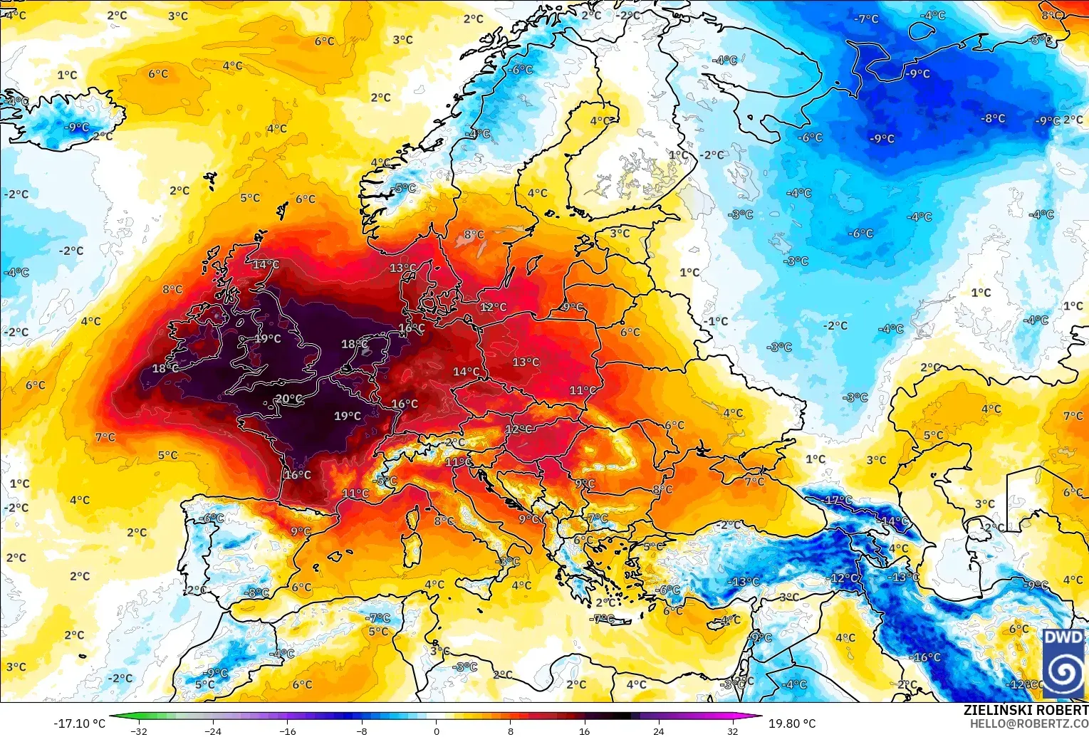 ICON model - Europe, Temperature at 850hPa Anomaly