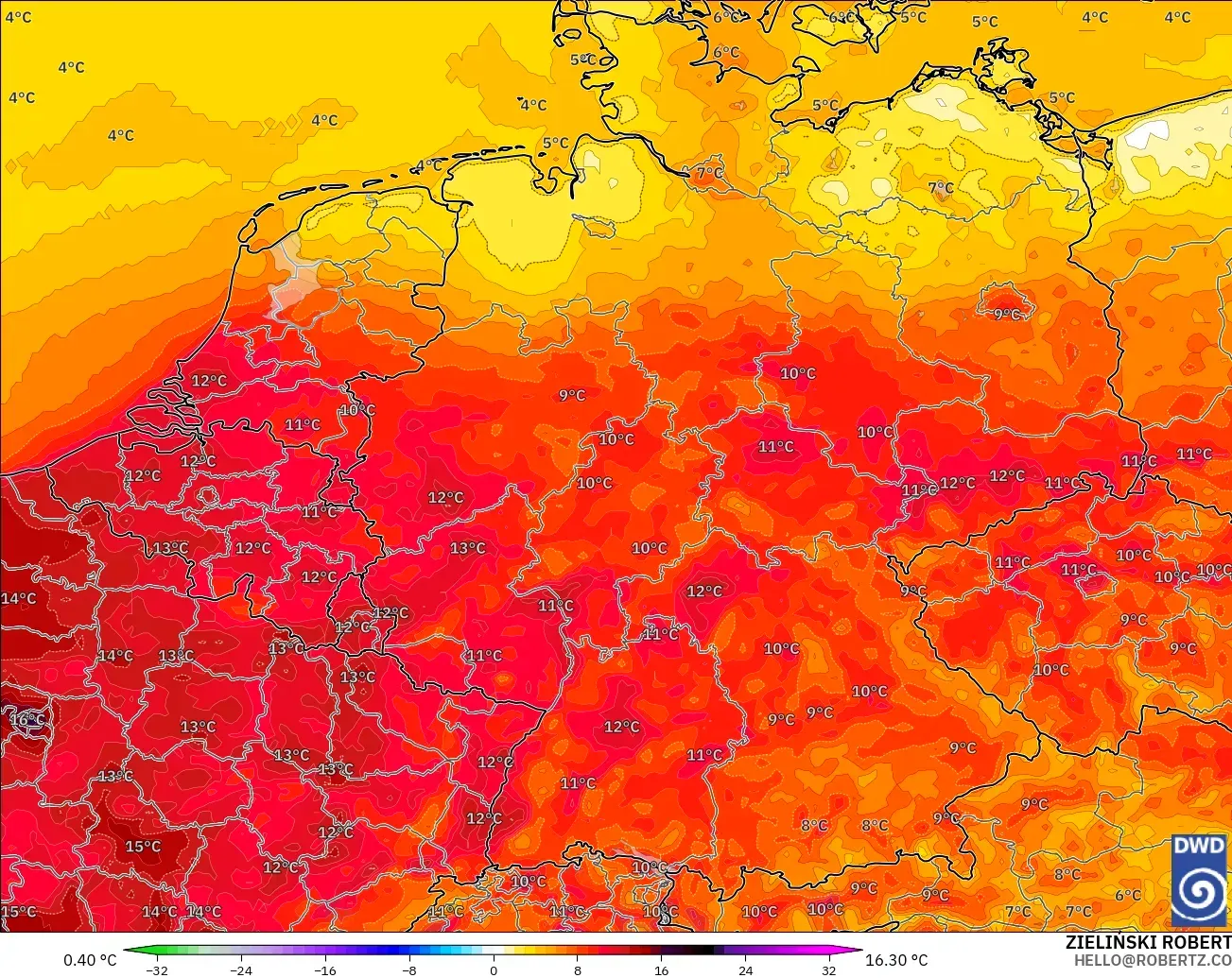 ICON model - Germany, Temperature at 2m Anomaly
