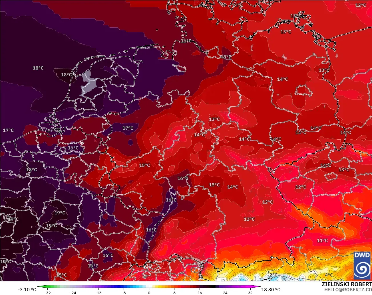 ICON model - Germany, Temperature at 850hPa Anomaly