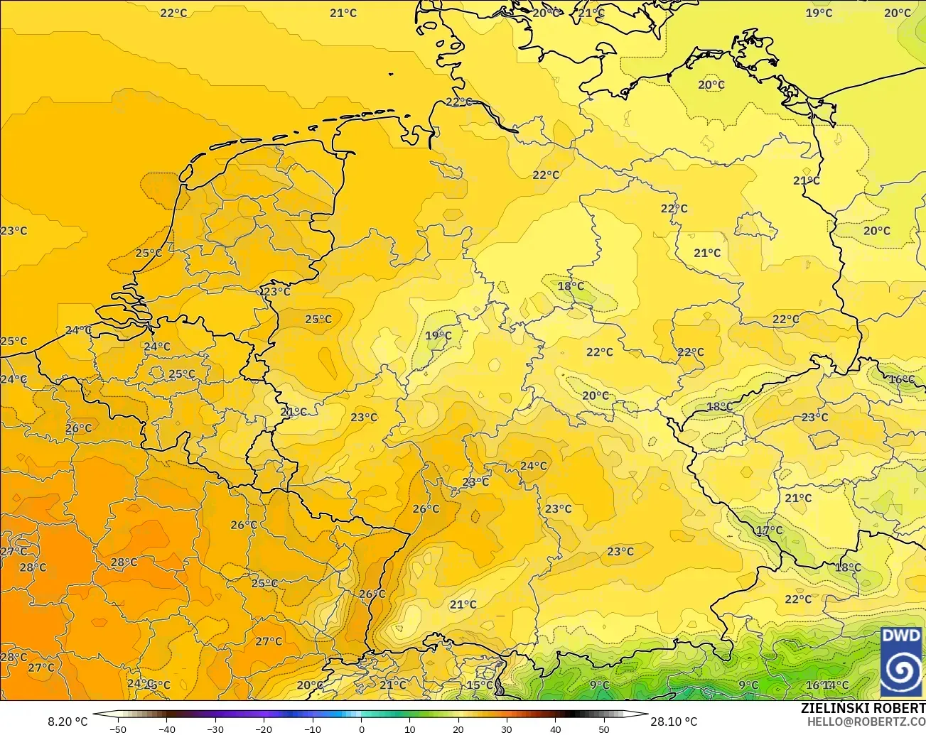 ICON model - Germany, Temperature at 850hPa