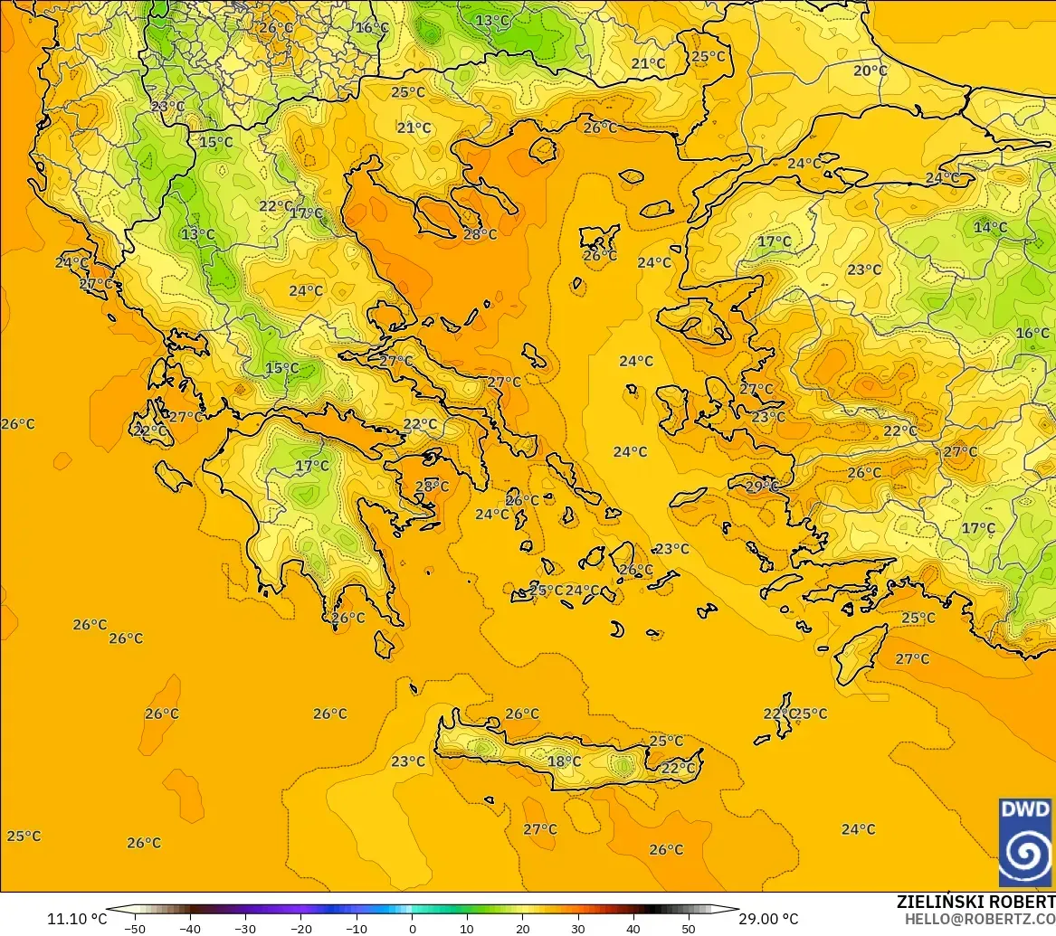 ICON model - Greece, Temperature at 2m