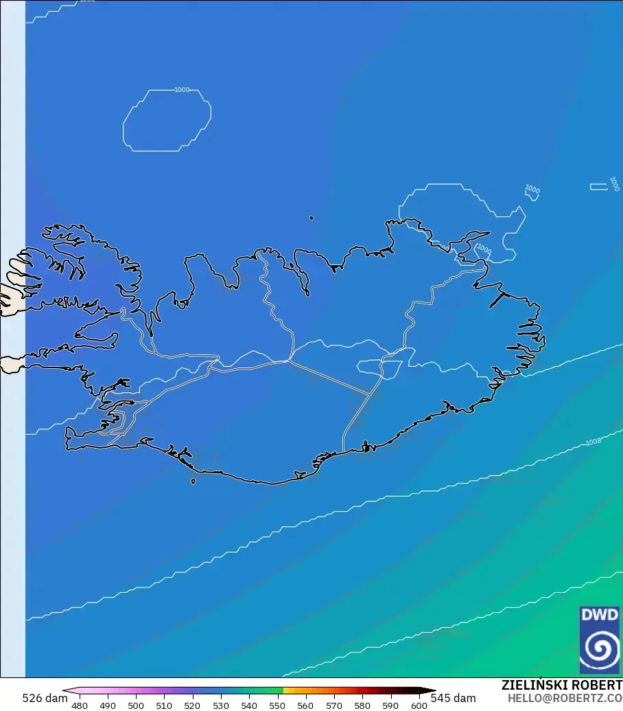 ICON model - Iceland, Geopotential height at 500hPa