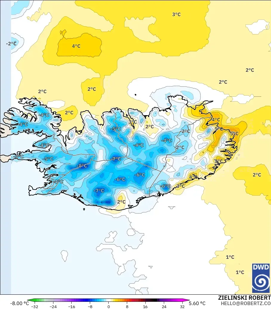ICON model - Iceland, Temperature at 2m Anomaly