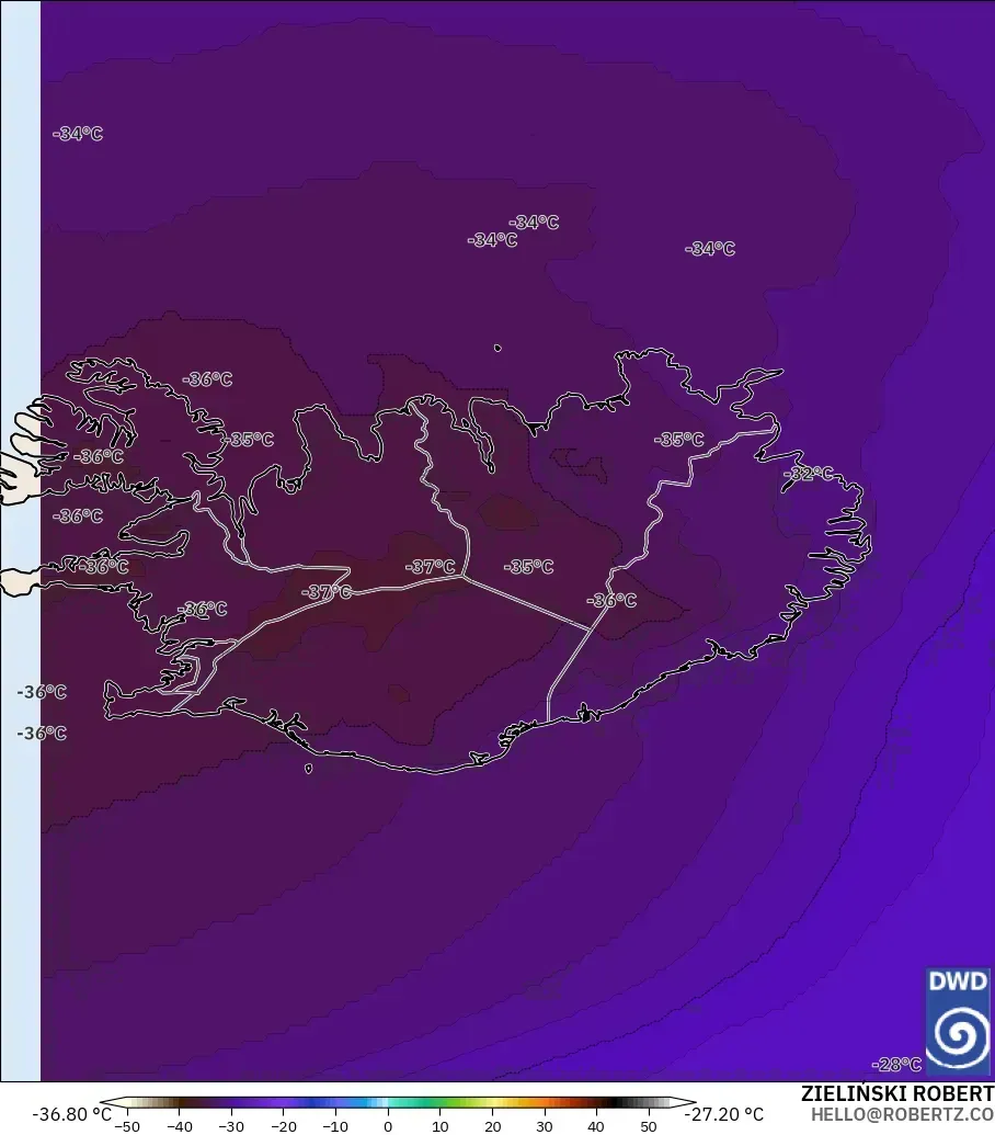 ICON model - Iceland, Temperature at 500hPa