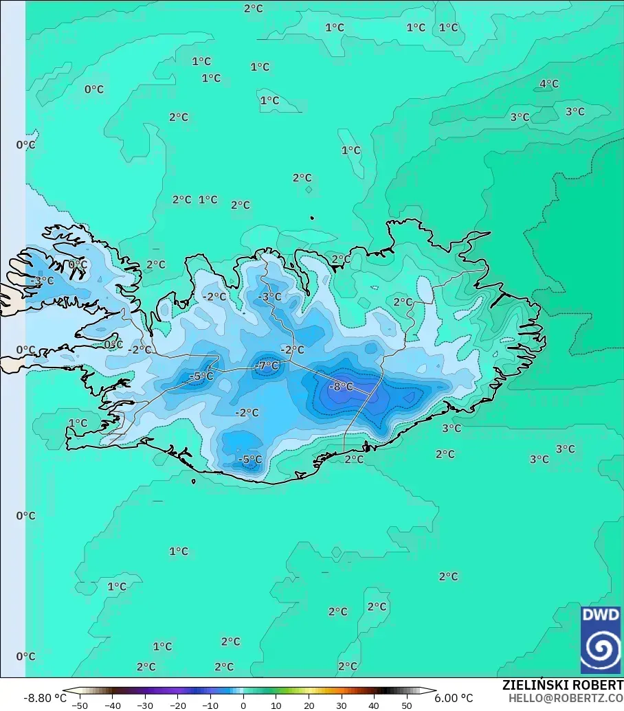 ICON model - Iceland, Temperature at 850hPa