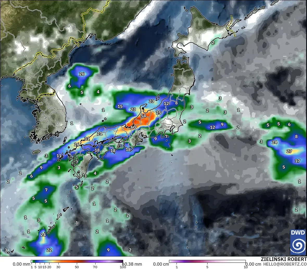 ICON model - Japan, Precipitation, Clouds, and Pressure