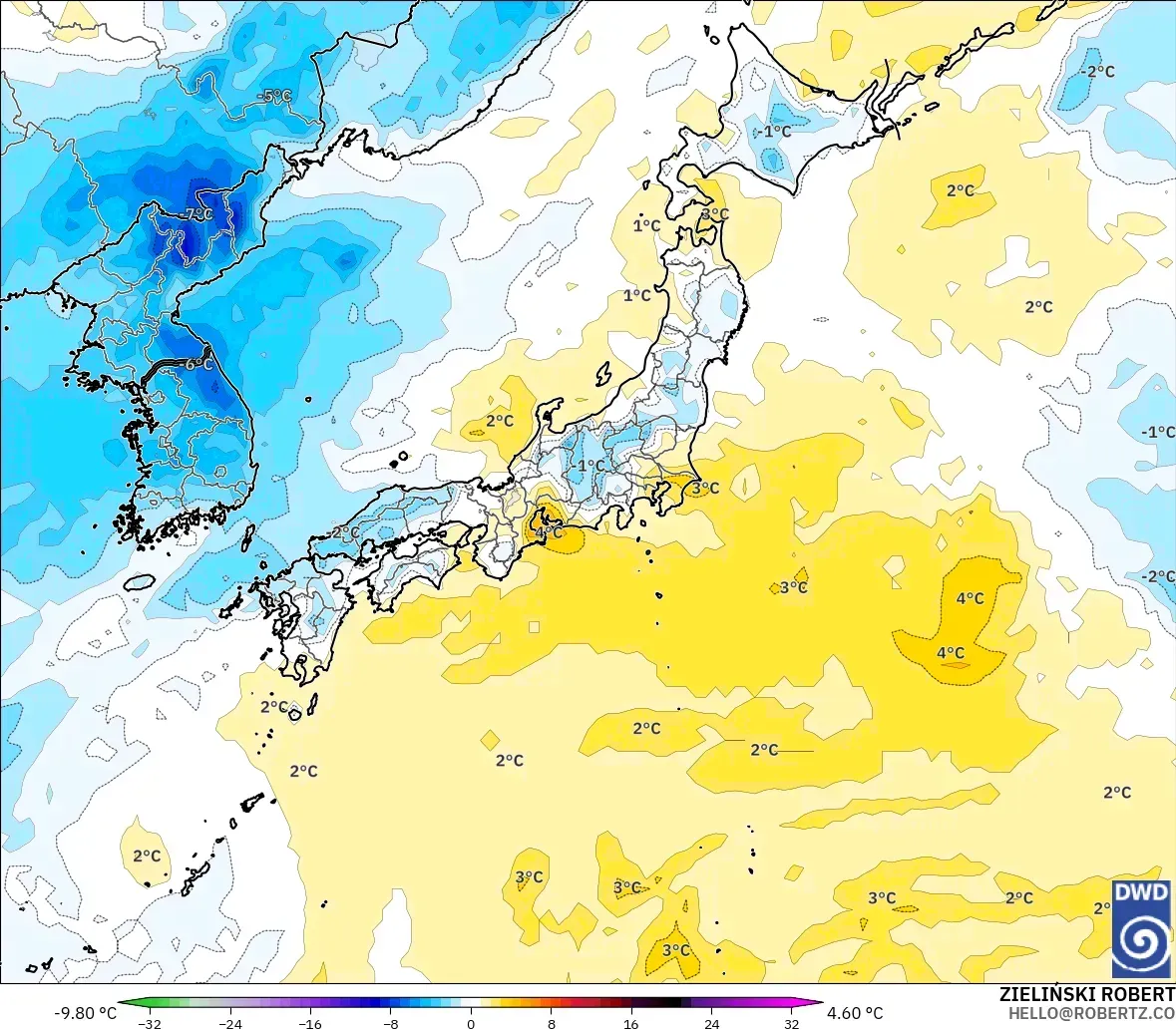 ICON model - Japan, Temperature at 850hPa Anomaly