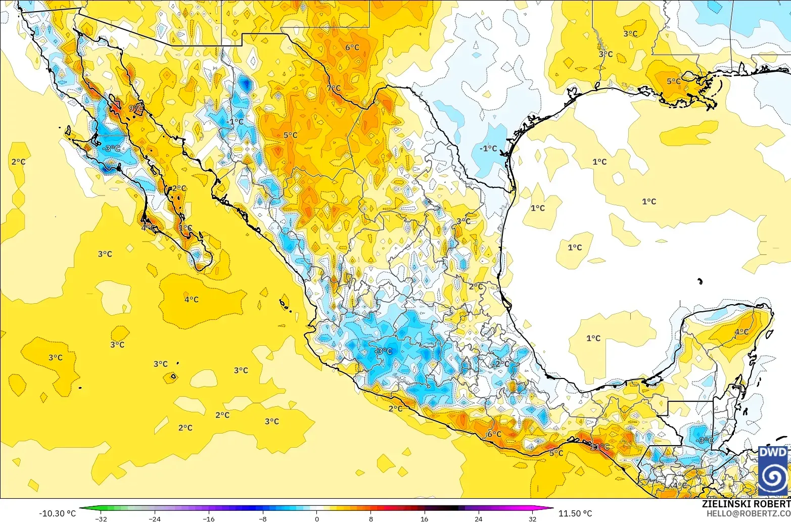 ICON model - Mexico, Temperature at 2m Anomaly