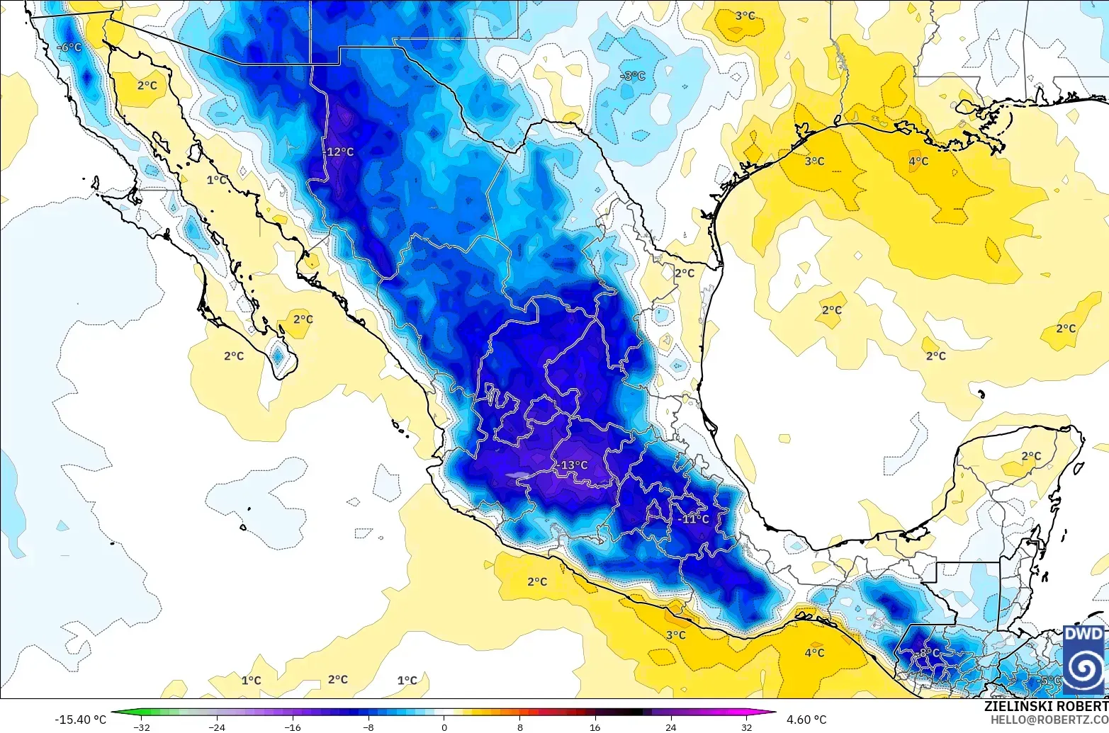 ICON model - Mexico, Temperature at 850hPa Anomaly