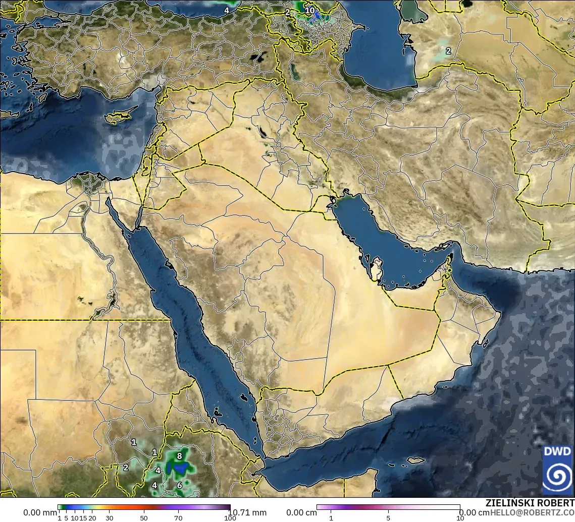 ICON model - Middle East, Precipitation, Clouds, and Pressure