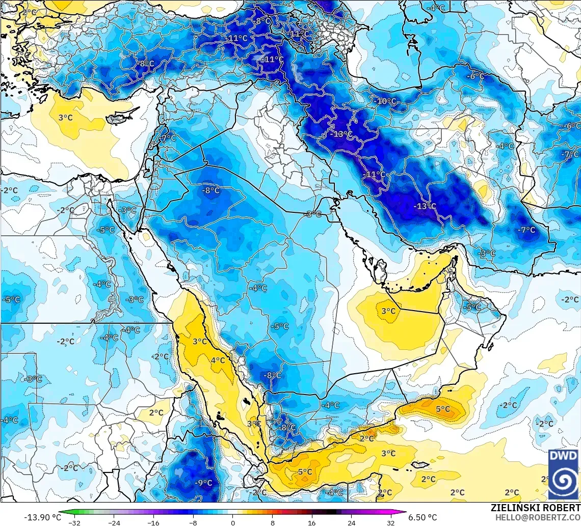 ICON model - Middle East, Temperature at 850hPa Anomaly