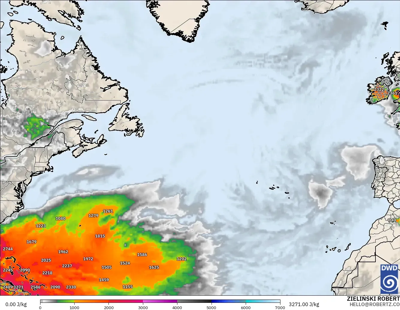ICON model - North Atlantic, CAPE