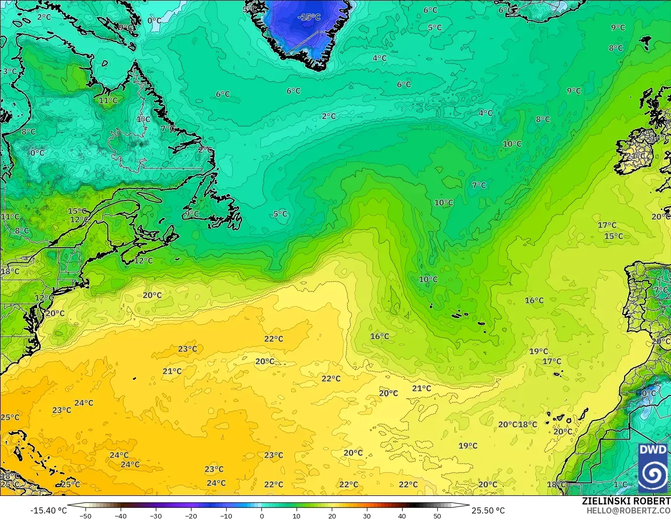 ICON model - North Atlantic, Dewpoint at 2m