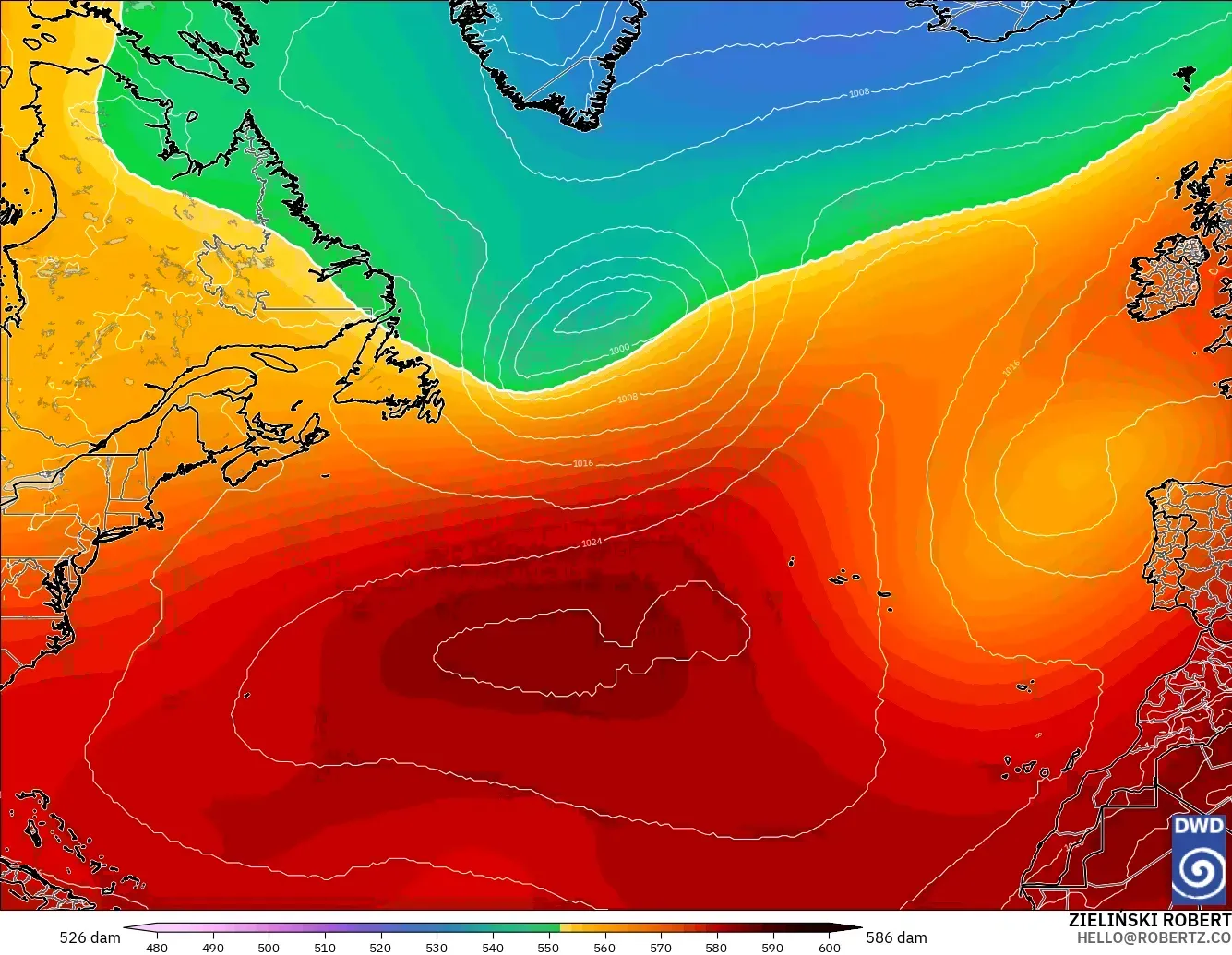 ICON model - North Atlantic, Geopotential height at 500hPa