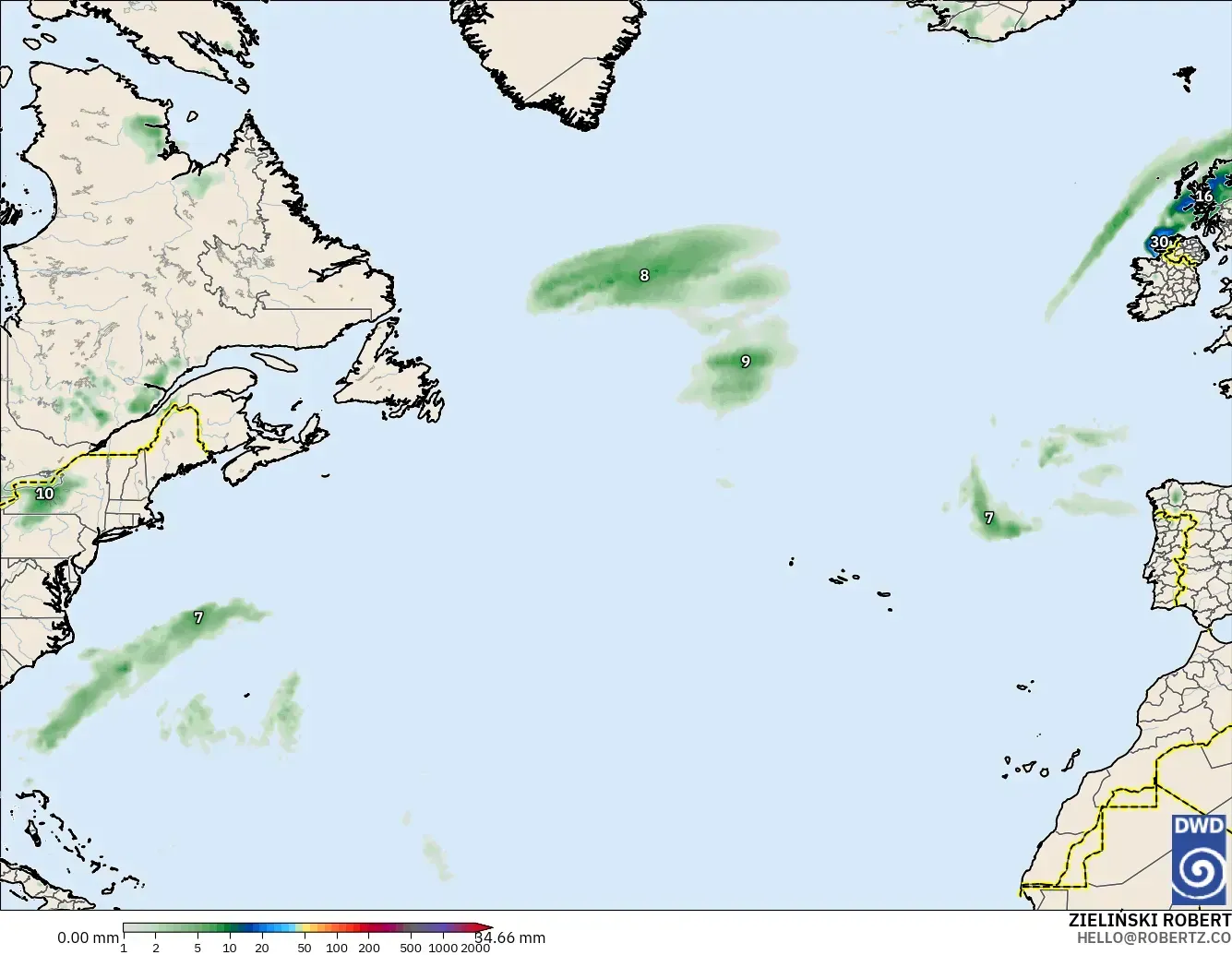 ICON model - North Atlantic, Precipitation Accumulation
