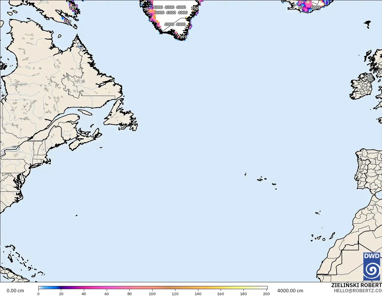 ICON model - North Atlantic, Snow Depth