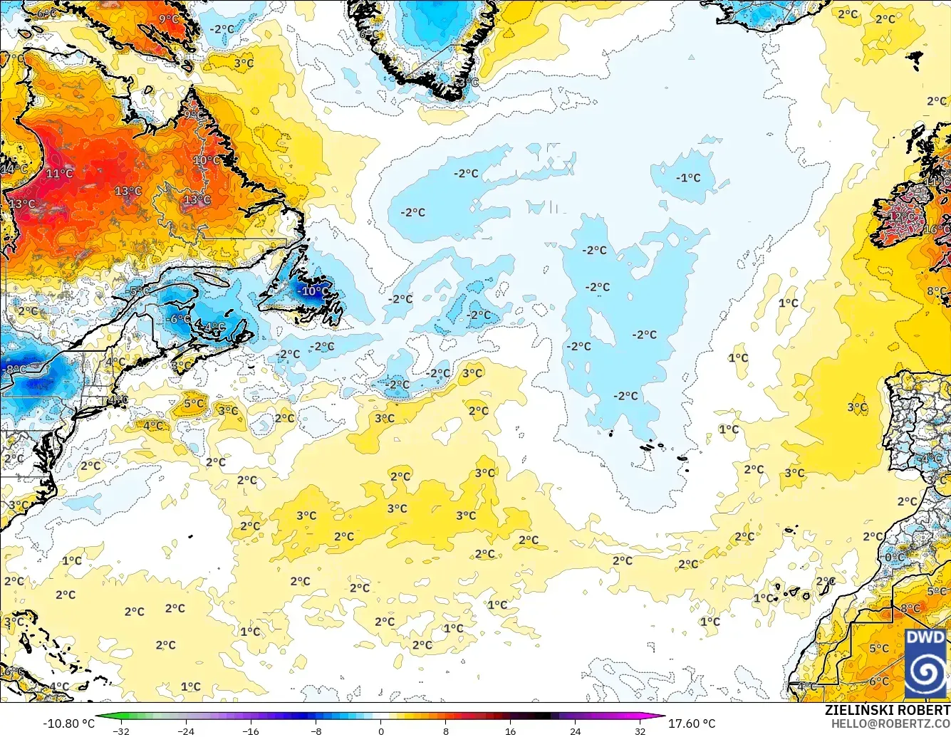 ICON model - North Atlantic, Temperature at 2m Anomaly