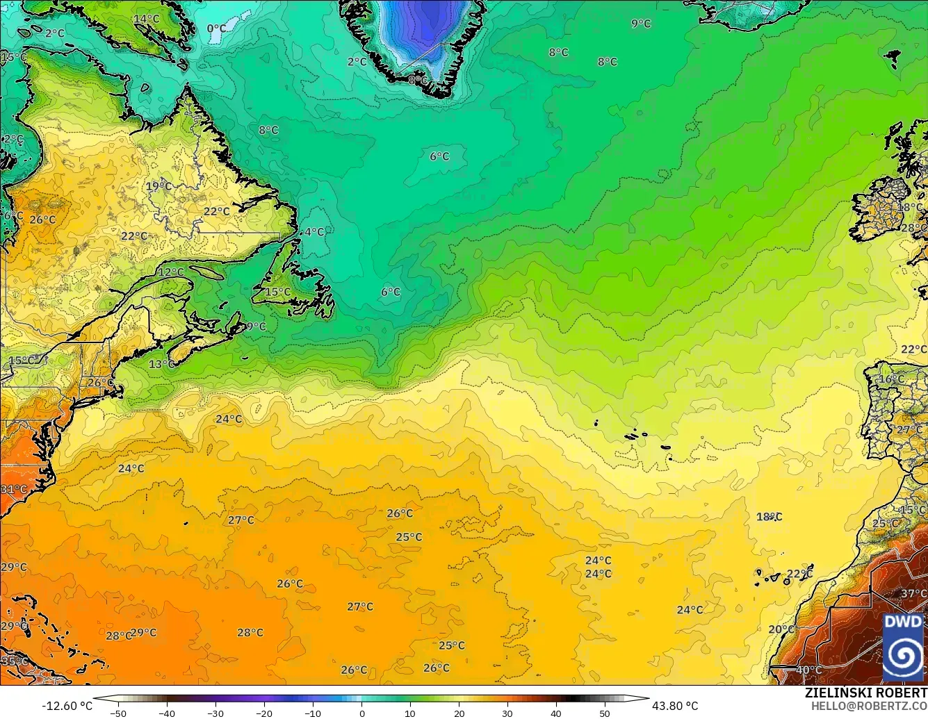 ICON model - North Atlantic, Temperature at 2m