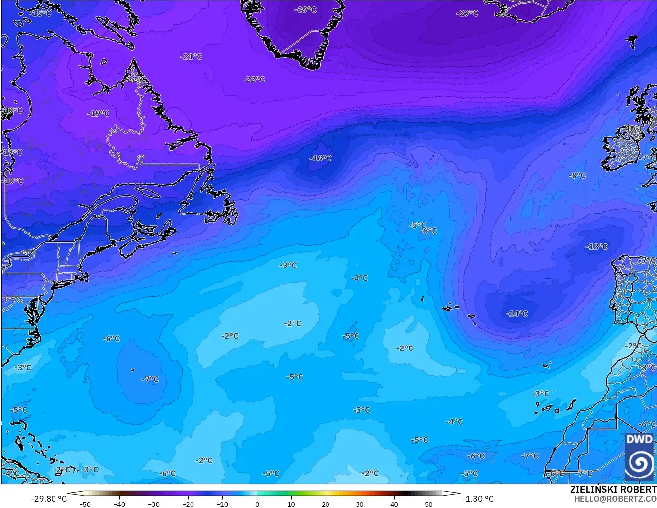 ICON model - North Atlantic, Temperature at 500hPa