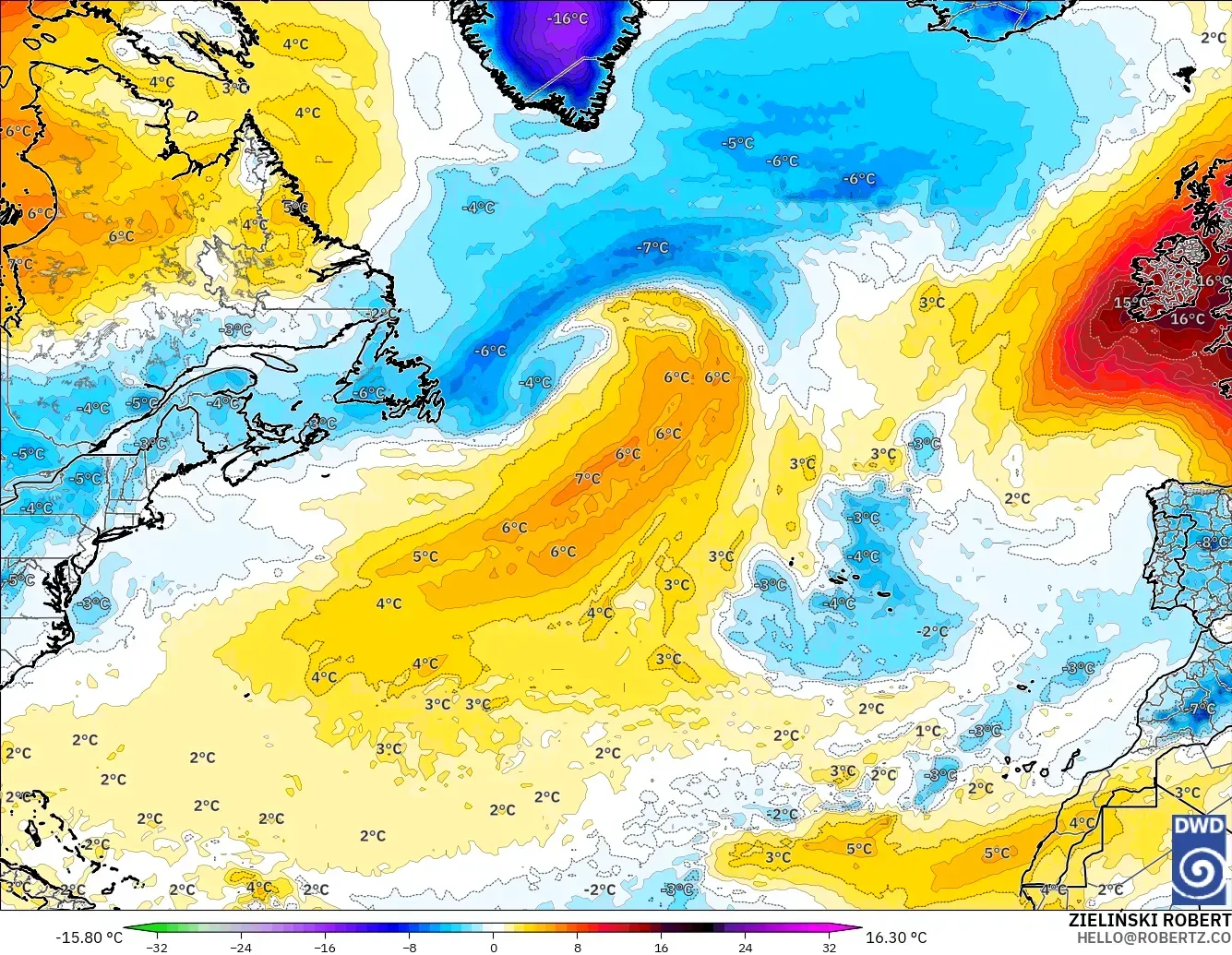 ICON model - North Atlantic, Temperature at 850hPa Anomaly