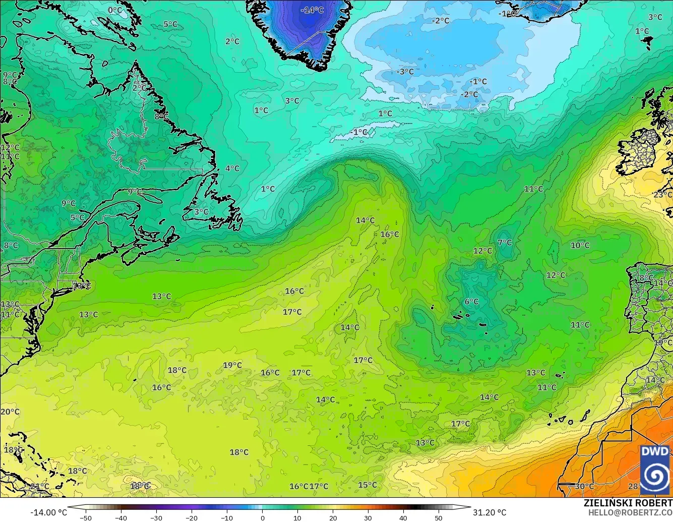 ICON model - North Atlantic, Temperature at 850hPa