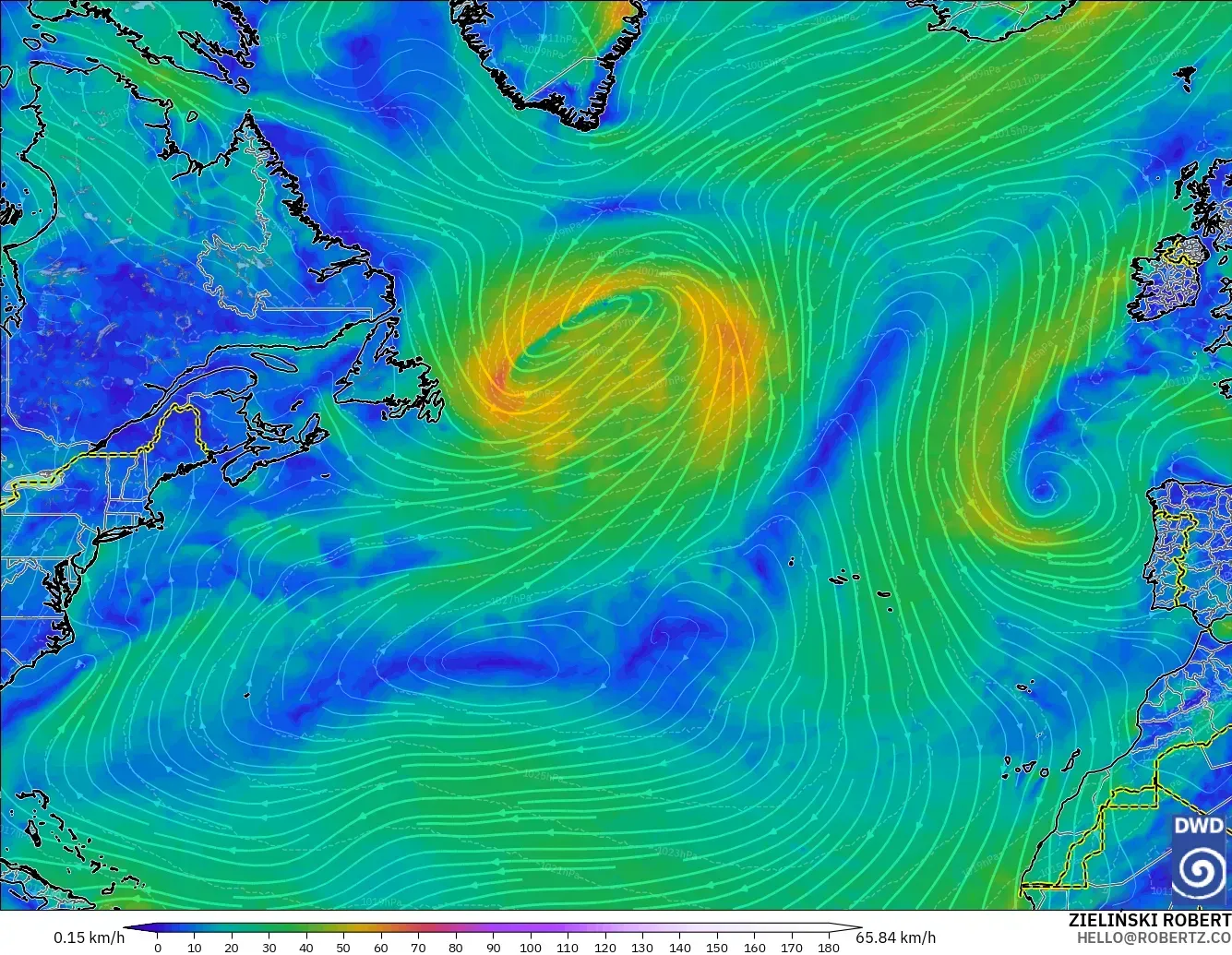 ICON model - North Atlantic, Wind at 10m