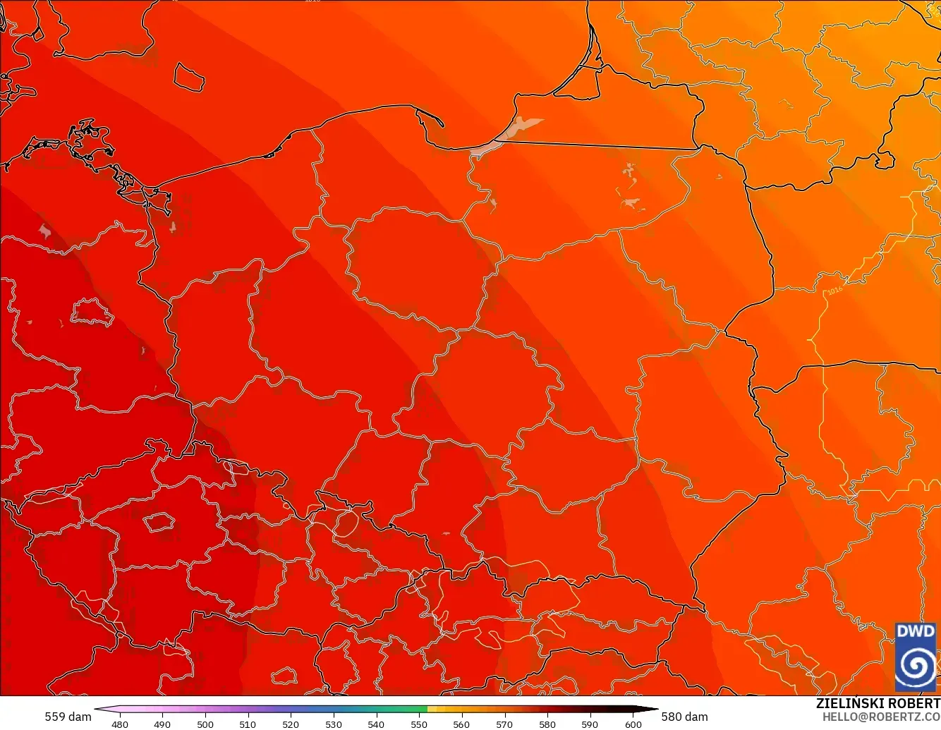 ICON model - Poland, Geopotential height at 500hPa