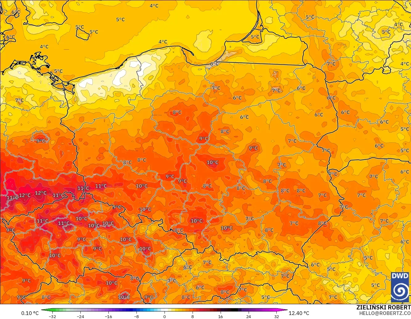 ICON model - Poland, Temperature at 2m Anomaly