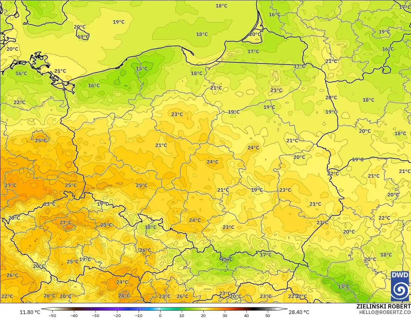 ICON model - Poland, Temperature at 2m