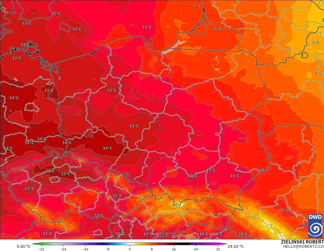 ICON model - Poland, Temperature at 850hPa Anomaly