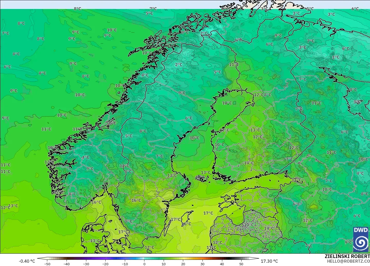 ICON model - Scandinavia, Dewpoint at 2m