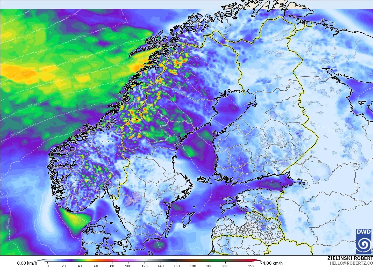 ICON model - Scandinavia, Wind Gusts Peak