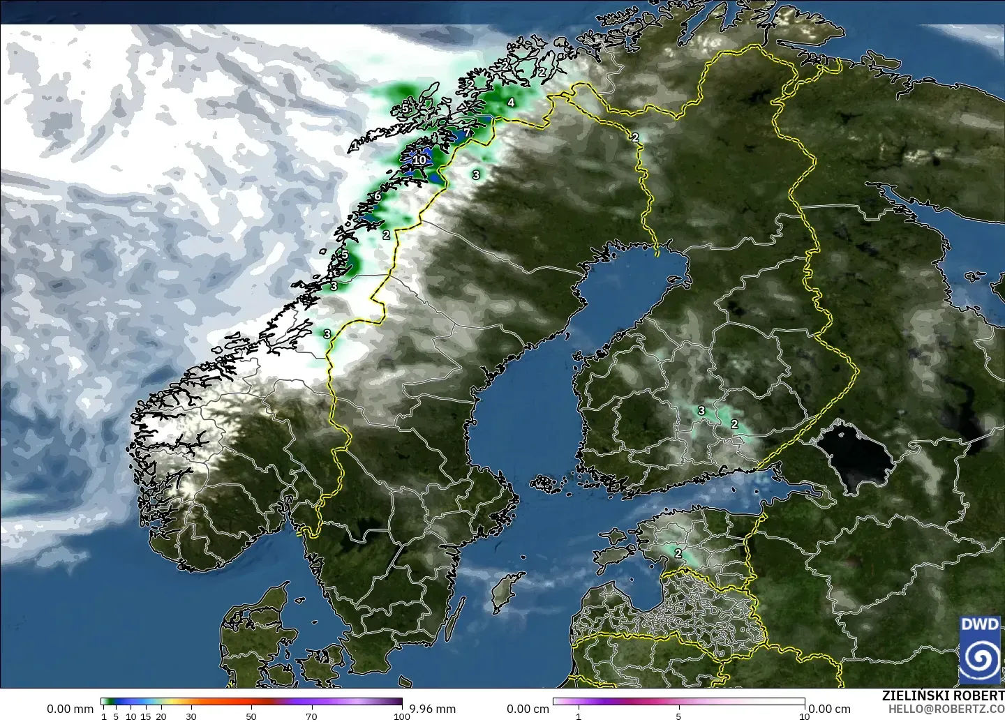 ICON model - Scandinavia, Precipitation, Clouds, and Pressure