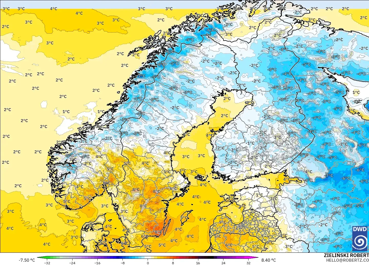 ICON model - Scandinavia, Temperature at 2m Anomaly
