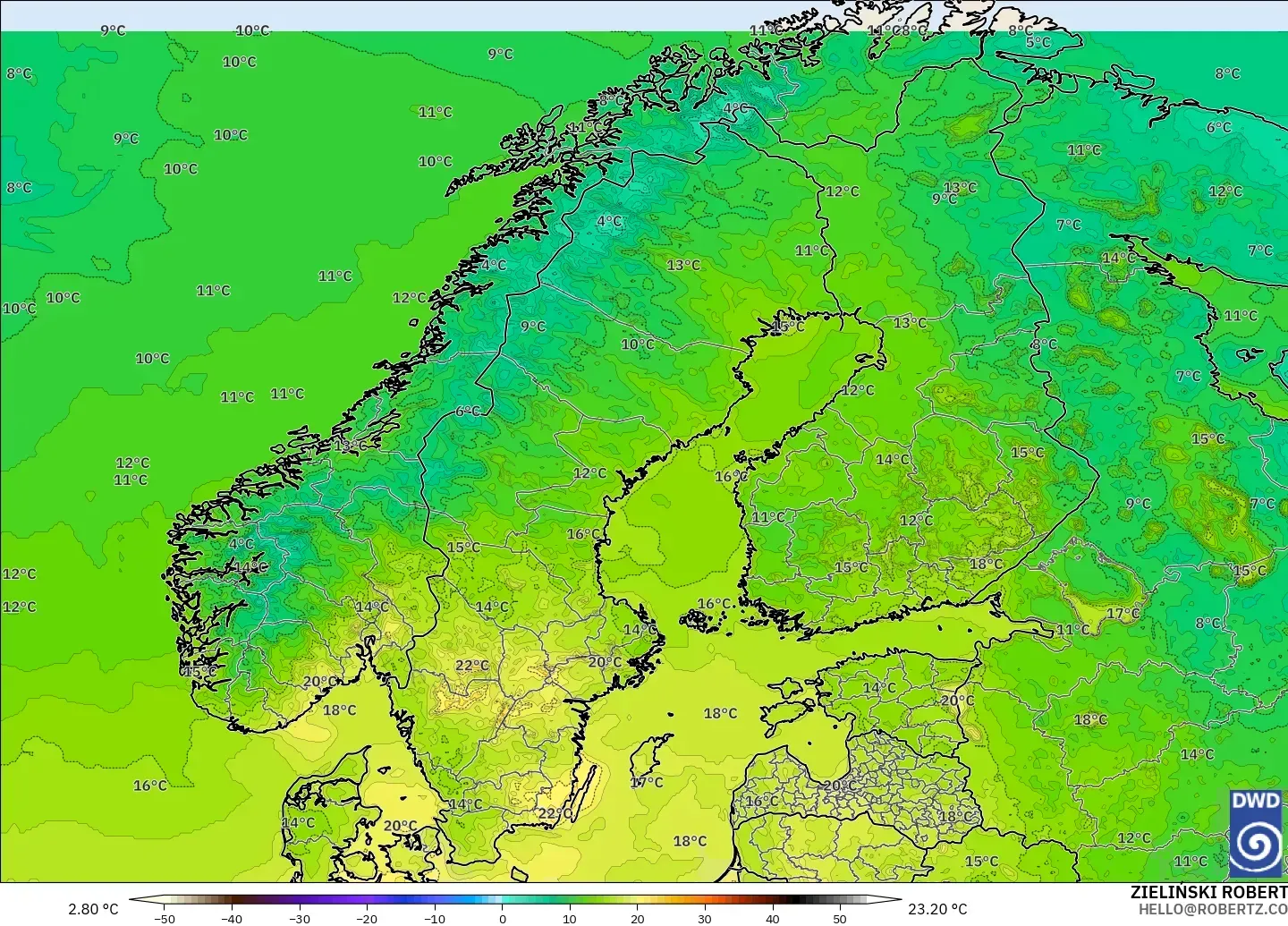 ICON model - Scandinavia, Temperature at 2m