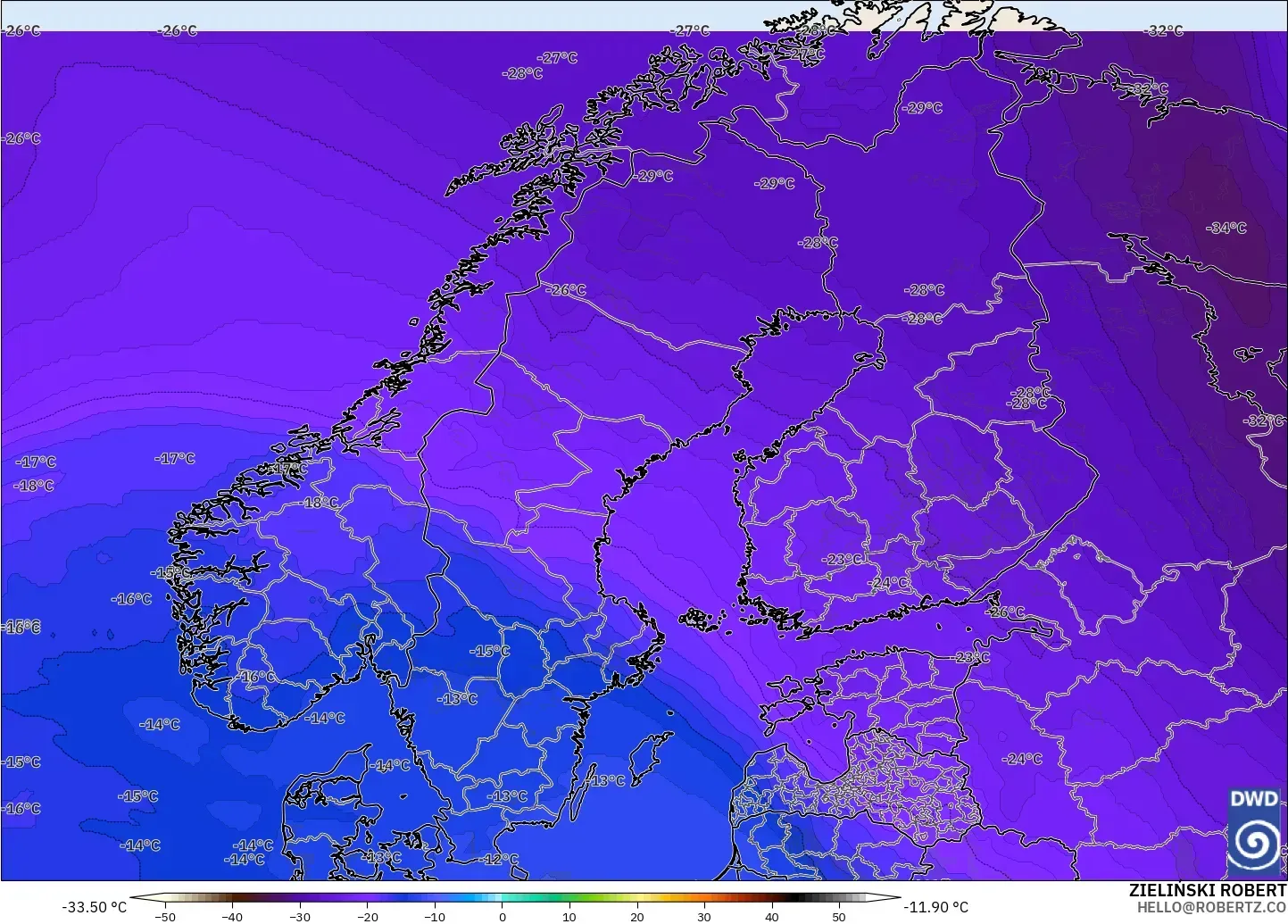 ICON model - Scandinavia, Temperature at 500hPa