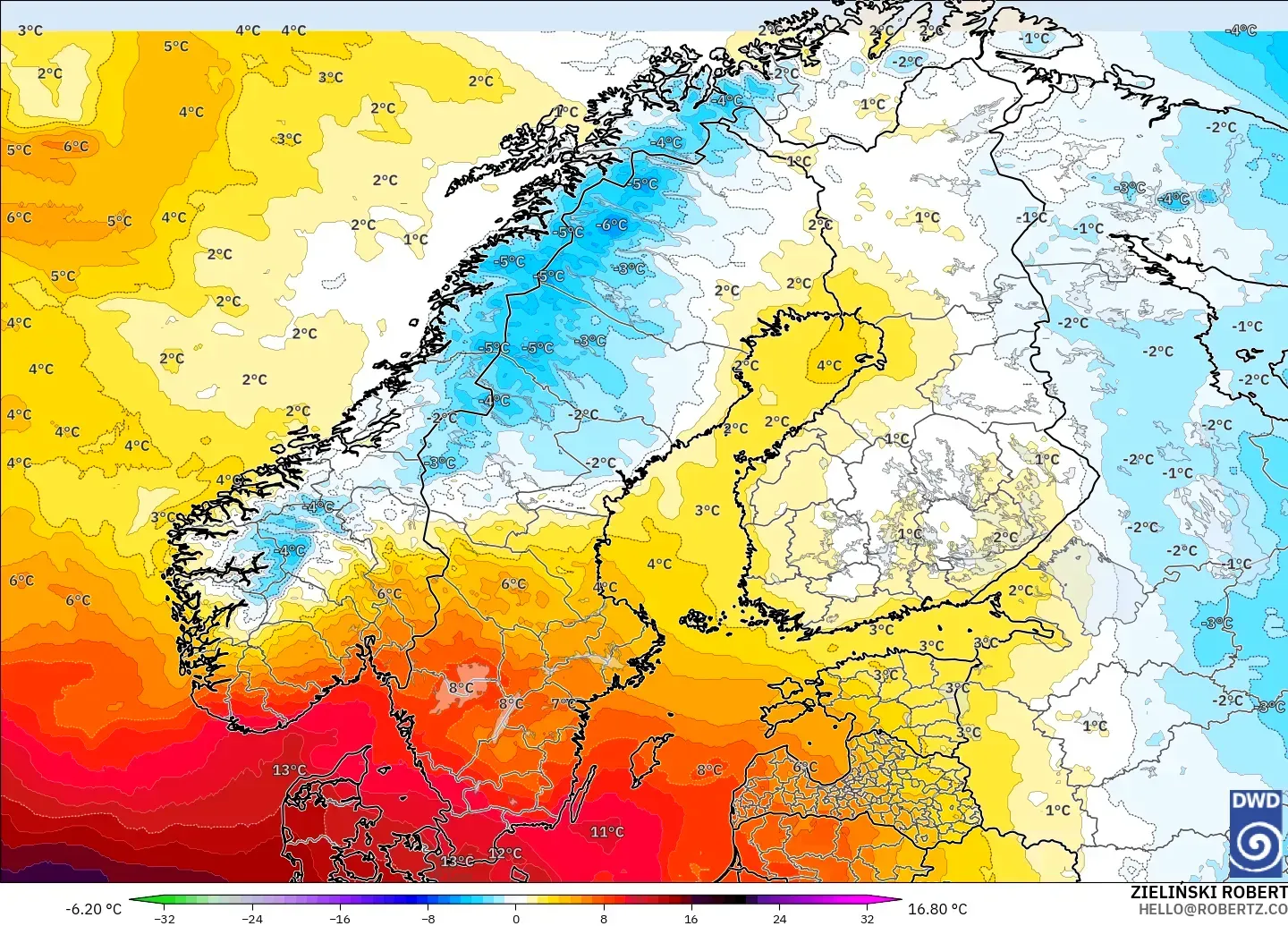 ICON model - Scandinavia, Temperature at 850hPa Anomaly