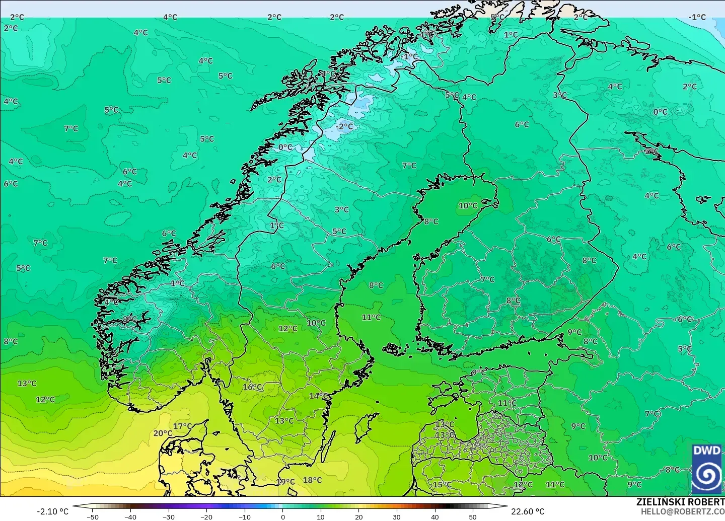 ICON model - Scandinavia, Temperature at 850hPa