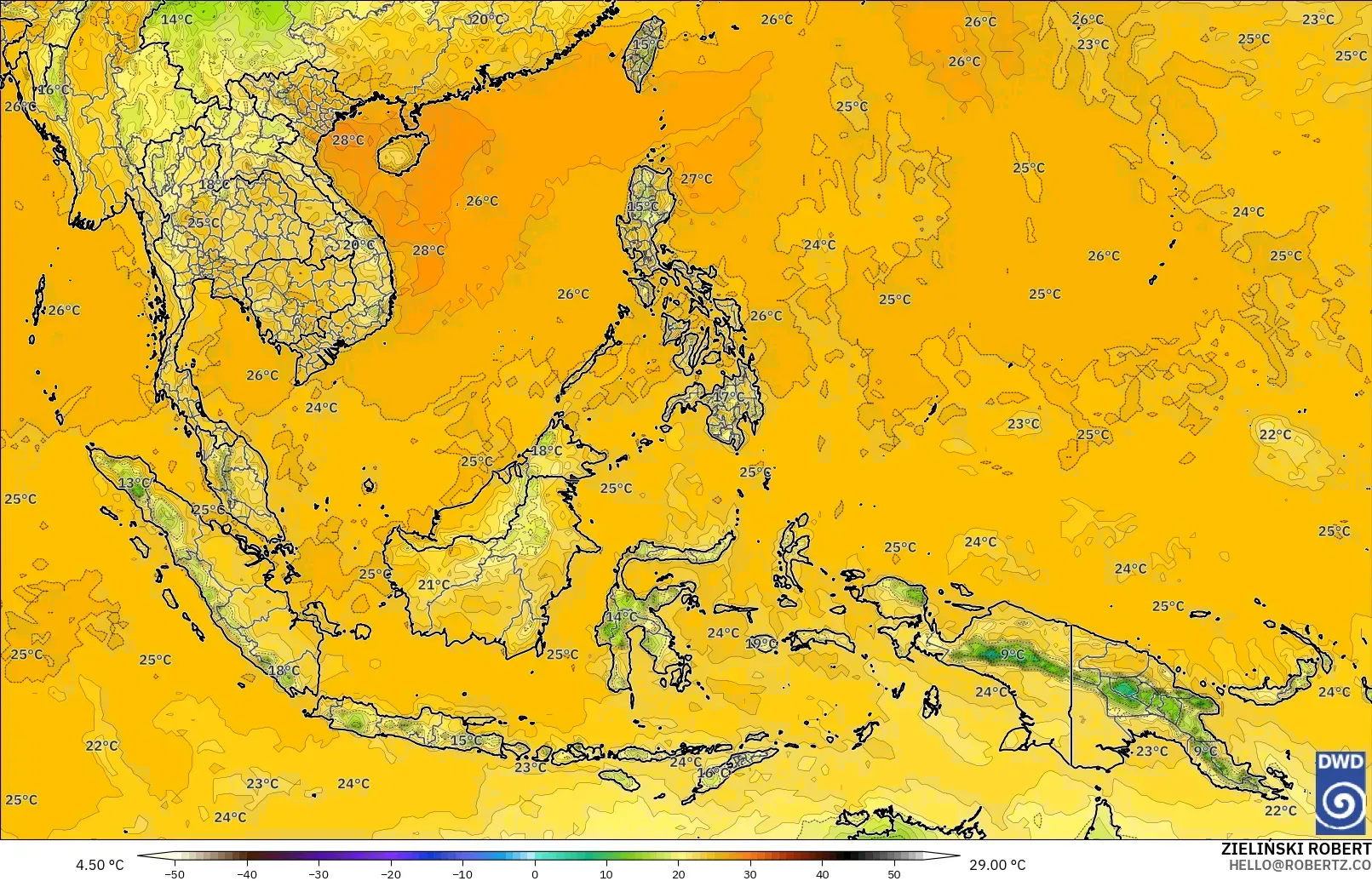 ICON model - South East Asia, Dewpoint at 2m