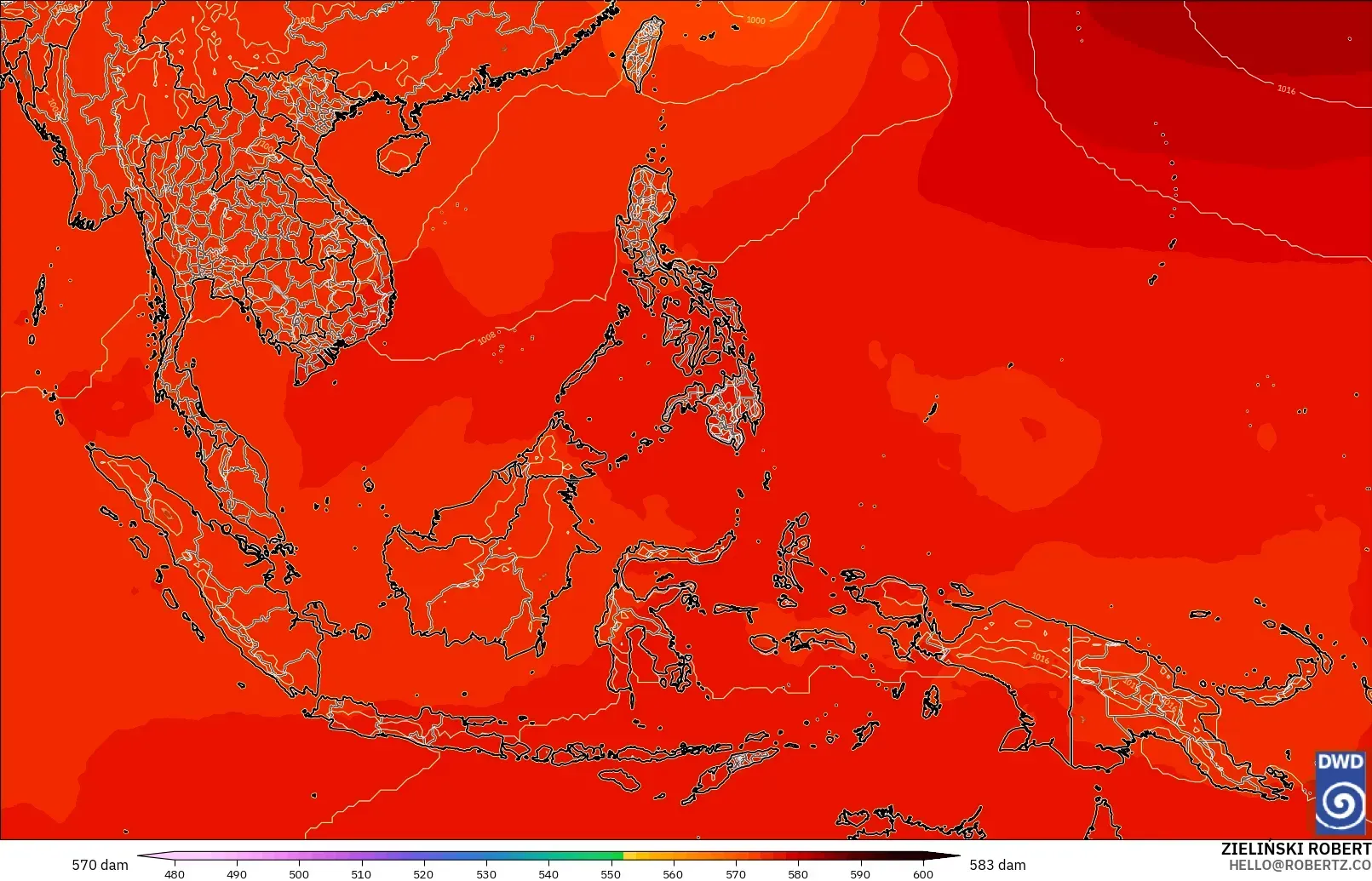 ICON model - South East Asia, Geopotential height at 500hPa