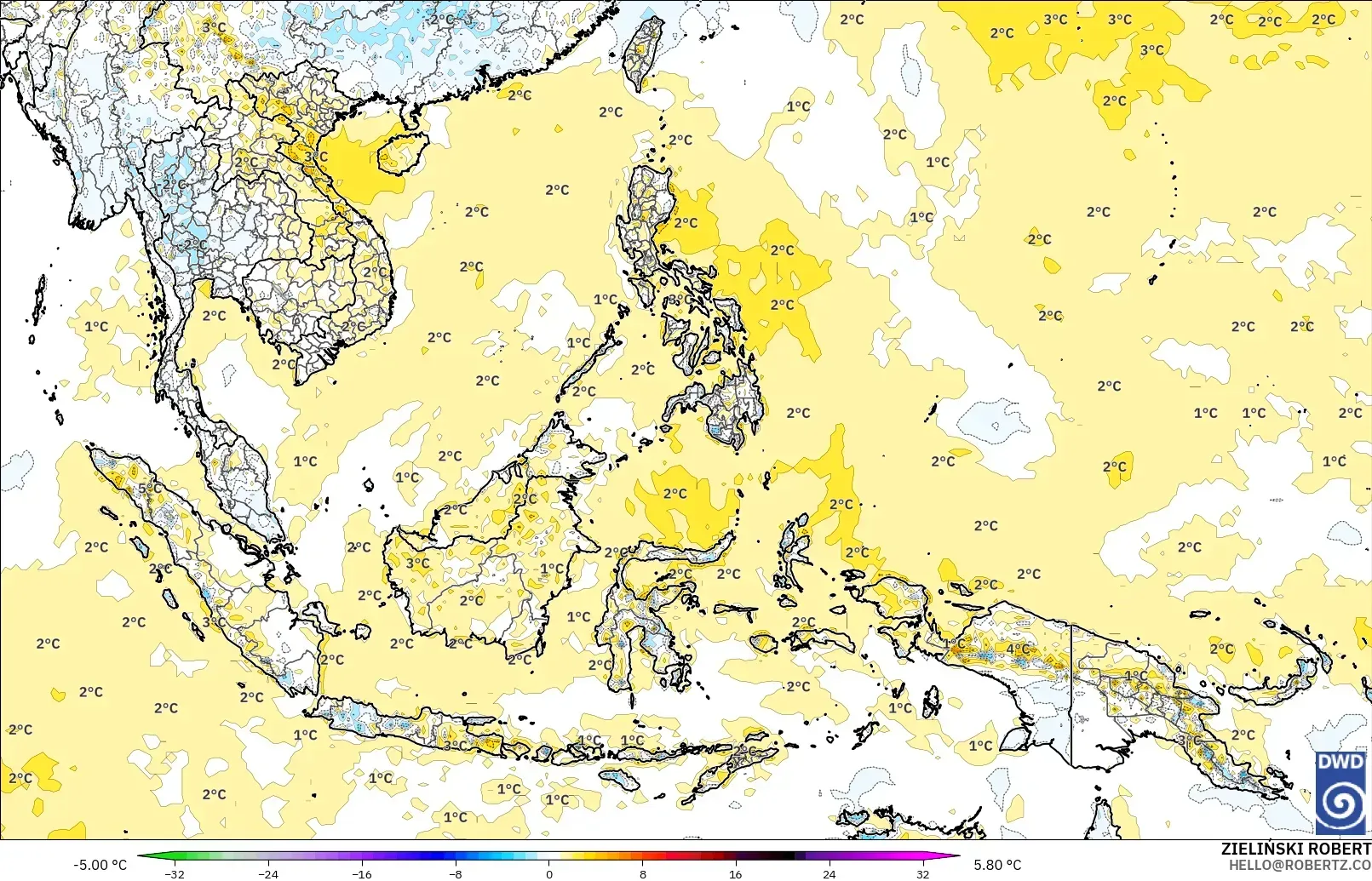 ICON model - South East Asia, Temperature at 2m Anomaly