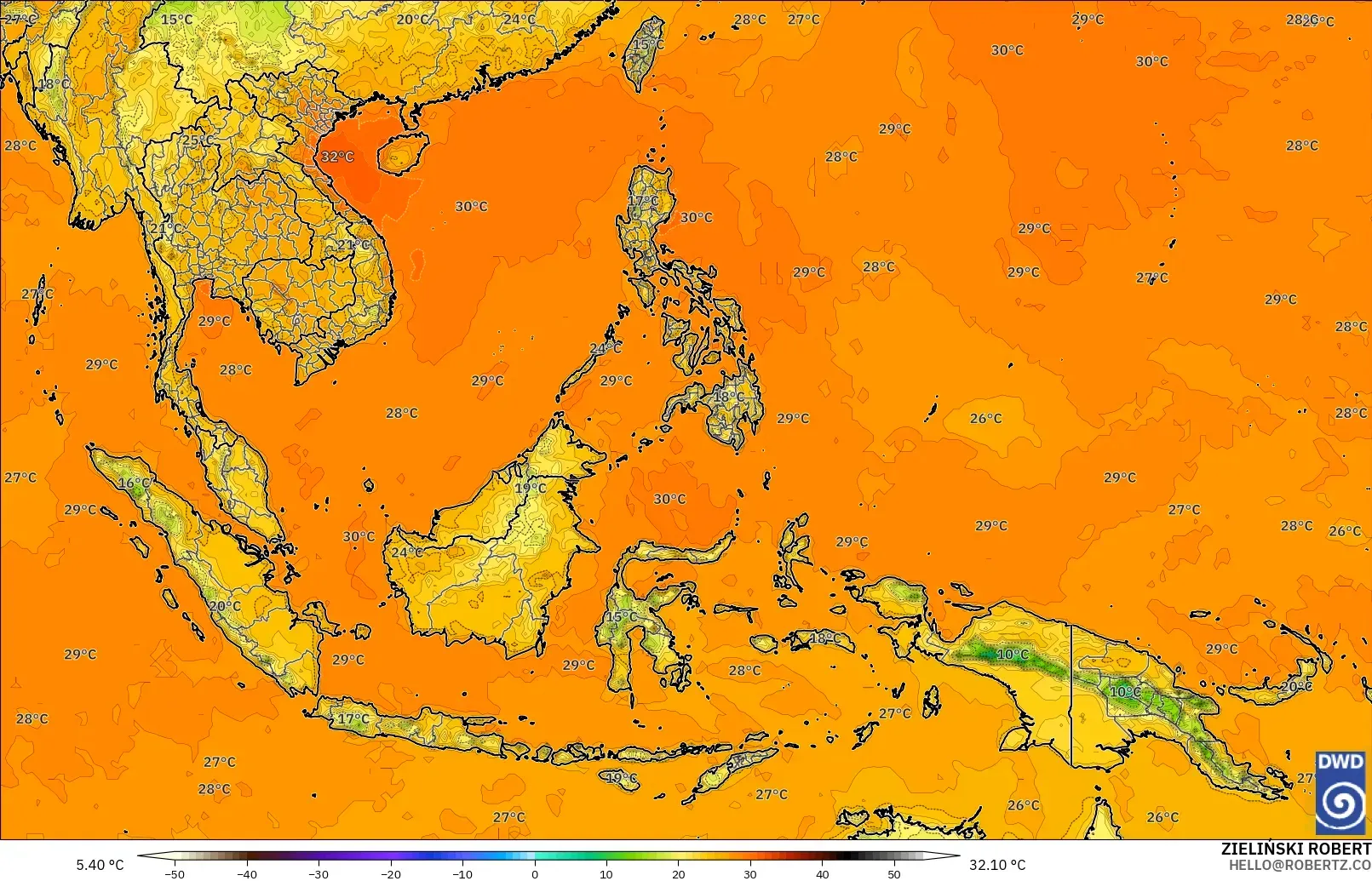 ICON model - South East Asia, Temperature at 2m