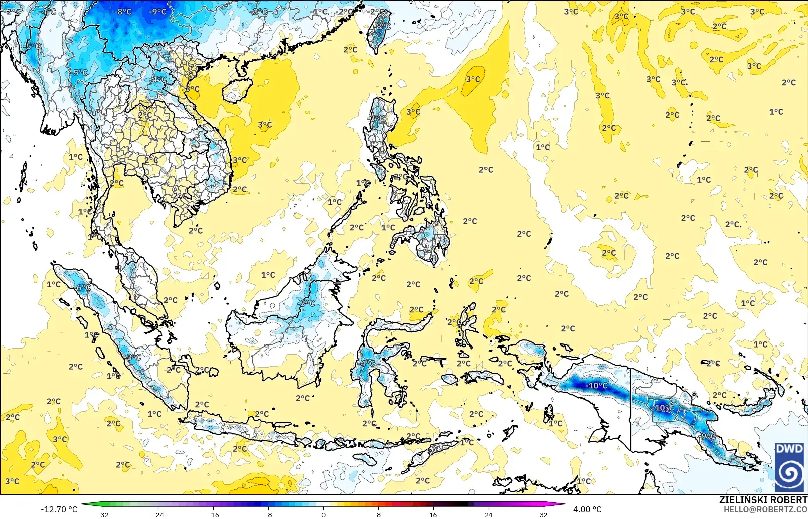 ICON model - South East Asia, Temperature at 850hPa Anomaly
