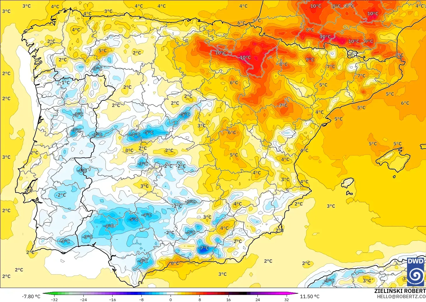 ICON model - Spain, Temperature at 2m Anomaly