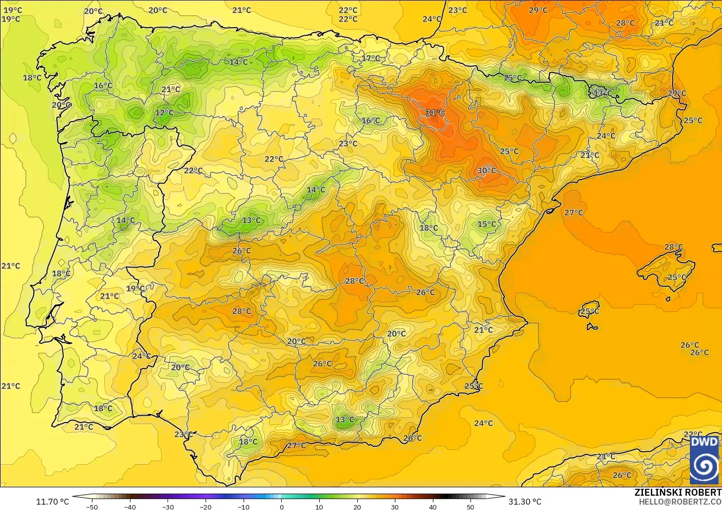 ICON model - Spain, Temperature at 2m